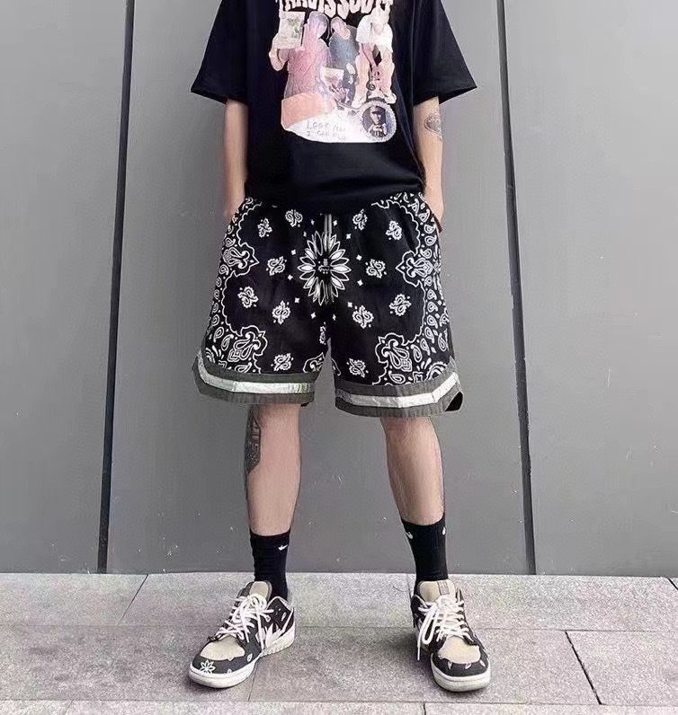 夏用カジュアルショートパンツ ミリタリーフルプリント バンダナ柄 ウォッシュド加工 ヴィンテージ風 ハイストリートショーツ ASKYURSELF ユニセックスペアショーツ