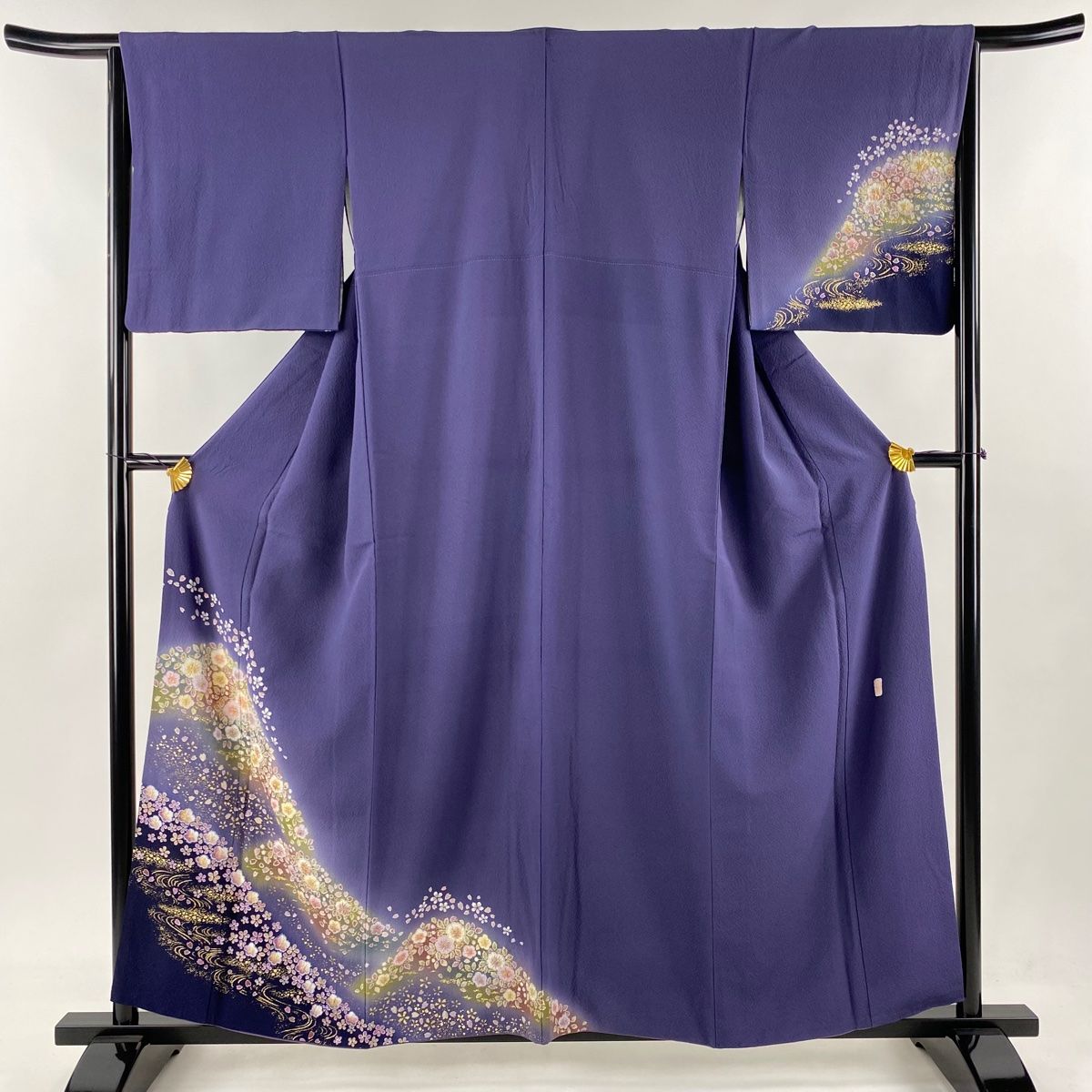 専用出品 振袖 身丈155.5cm 裄丈65cm M 袷 やまと 花 斜縞 金通し 絞り 紫