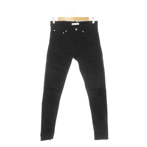 ザラ ZARA パンツ デニム ジーンズ スキニー テーパード ダメージ加工 ストレッチ カットオフ 40 黒 ブラック /AH4