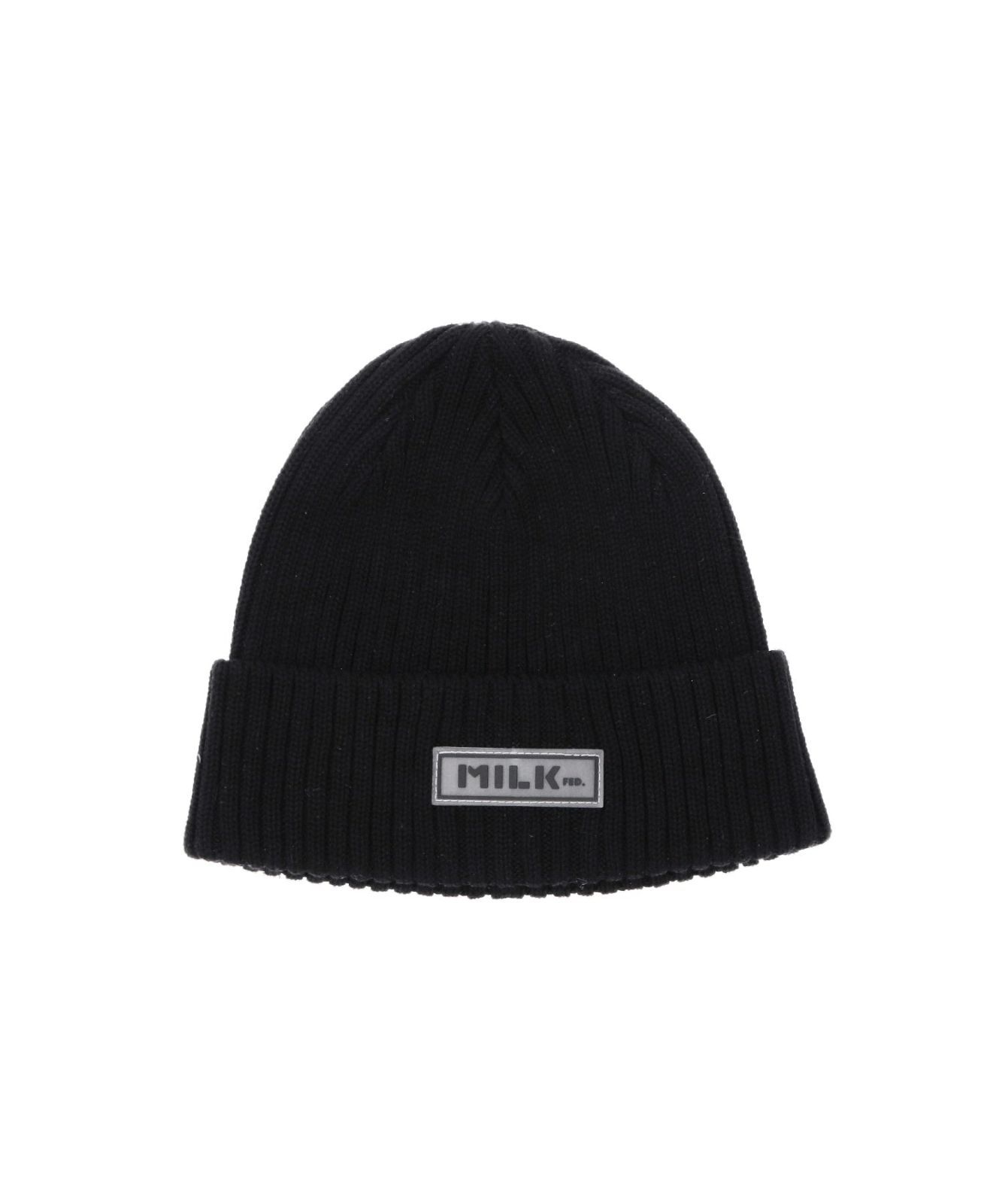 ニットキャップ ビーニー 帽子 ミルクフェド MILKFED RUBBER PATCH KNIT CAP 103243051001 レディース メンズ ニット帽 ブラック 黒 防寒 milkfed ブランド おしゃれ 可愛い シンプル ロゴ くろ