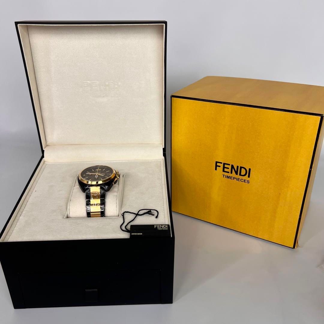 FENDI イエロー ブラック腕時計 50M防水 未使用】フェンディ モメント 23000L クロノグラフ 黒 デイト表示