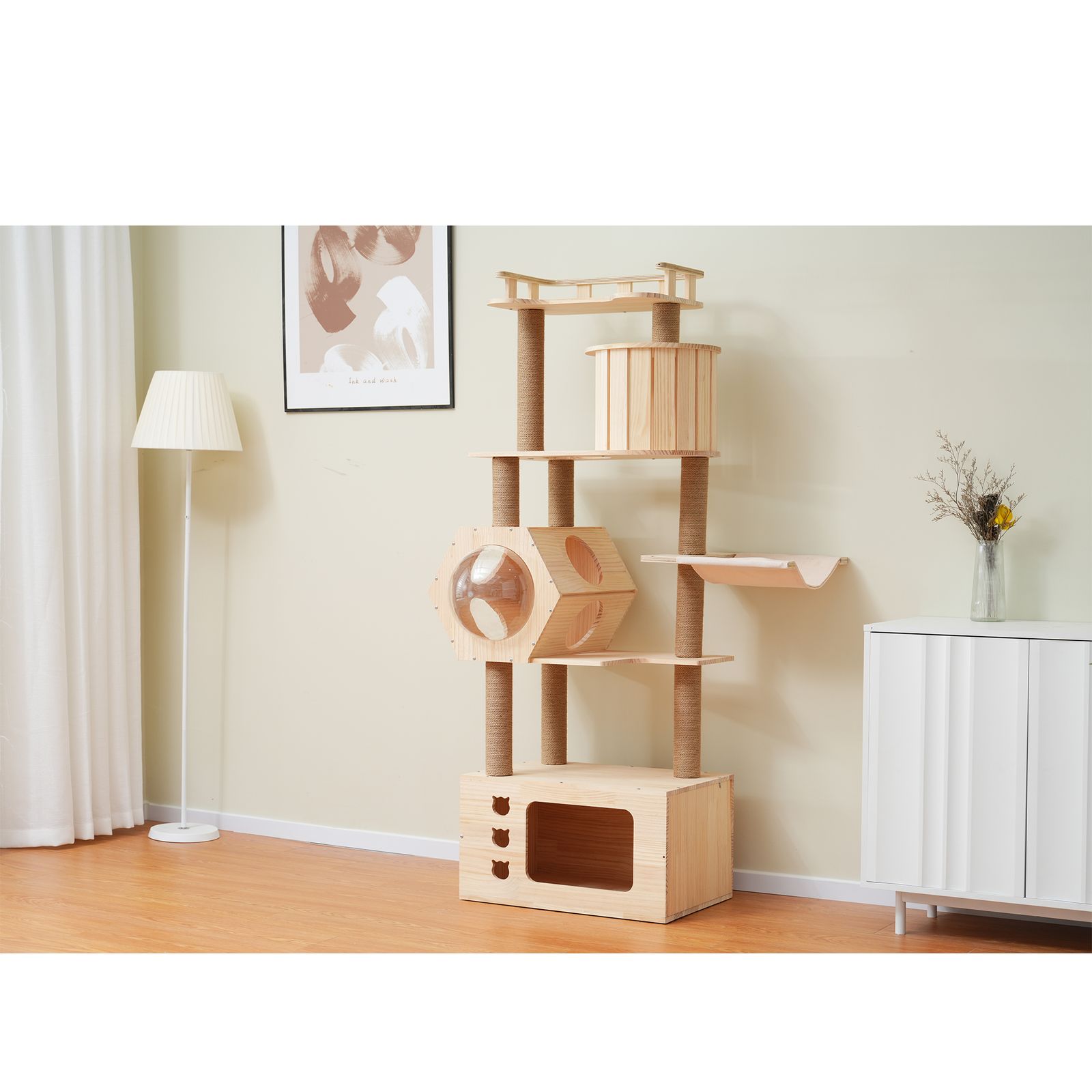 キャットタワー 木製天然木高さ164cm頑丈据え置き隠れ家 ハンモック付き爪とぎ Amazon | Laovyarw キャットタワー 木製 天然木 高さ164cm 頑丈