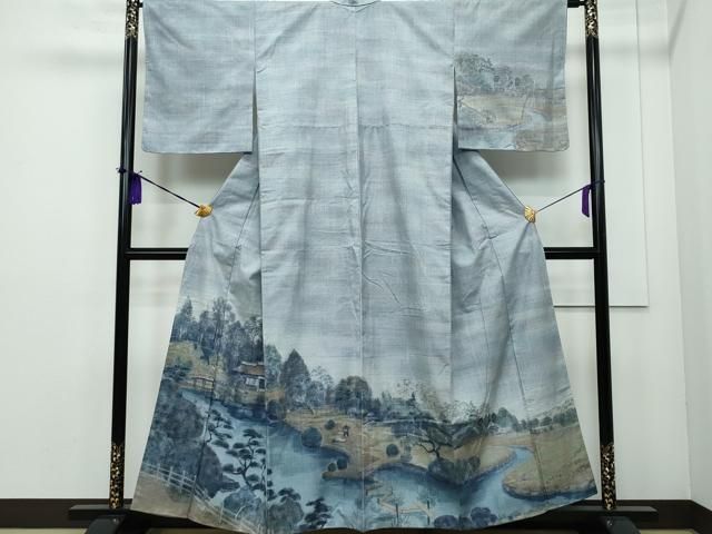 平和屋着物▽小千谷紬 単衣 草花間道 正絹 逸品 AAAW1439fy