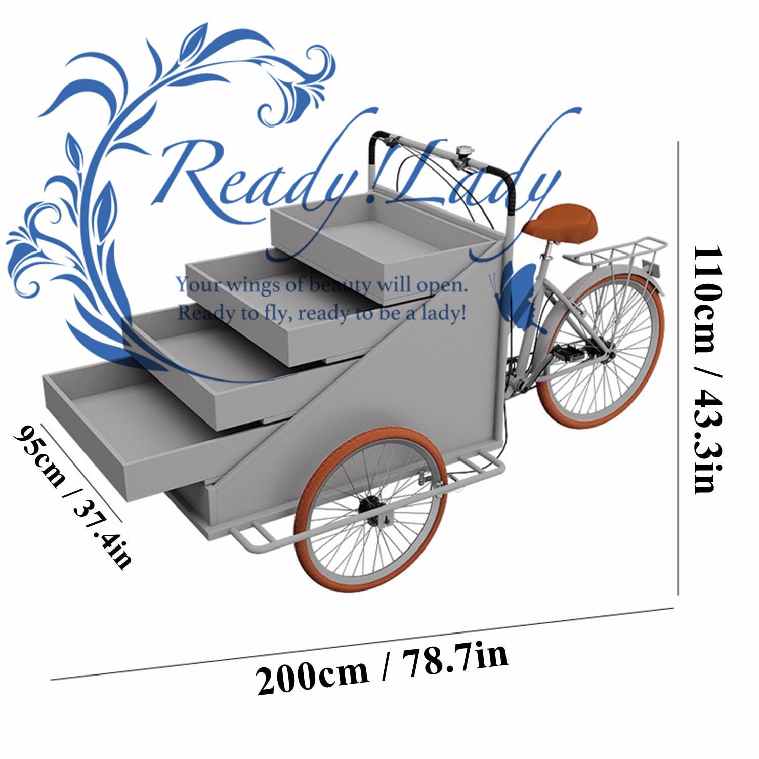 大型三輪車 ベンディングカート ワゴン フラワーカート 前入れペダルアシスト フードバイク カーゴ三輪車 移動販売車 ウェディングフェア用オープンボディタイプ三輪車 グレー