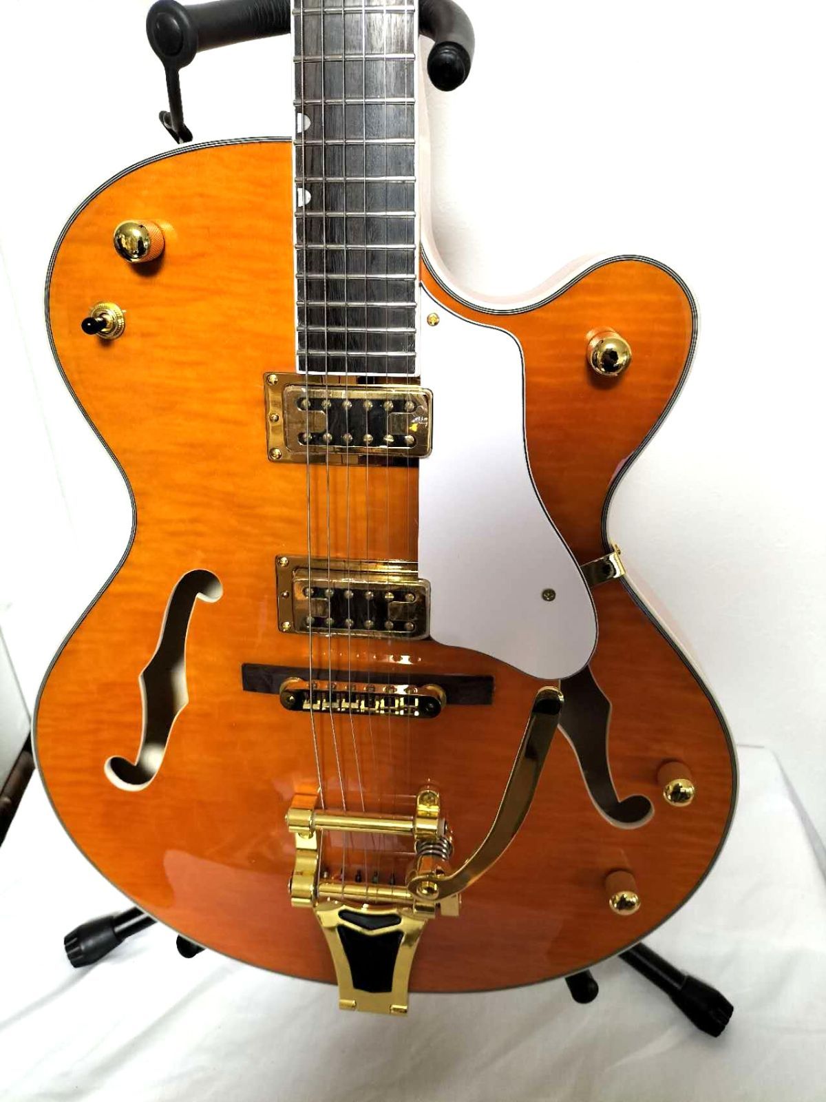 フルアコアーチトップギター②　オレンジ虎目トレモロアーム　ステンレスフレット Yahoo!オークション - フルアコアーチトップボディ オレンジトラ目 ト