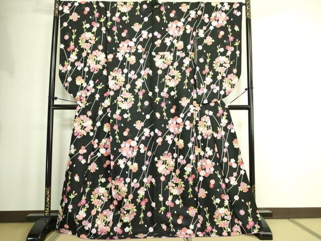 平和屋着物●小振袖 二尺袖 草花文 黒地 洗える着物 DAAX1932op