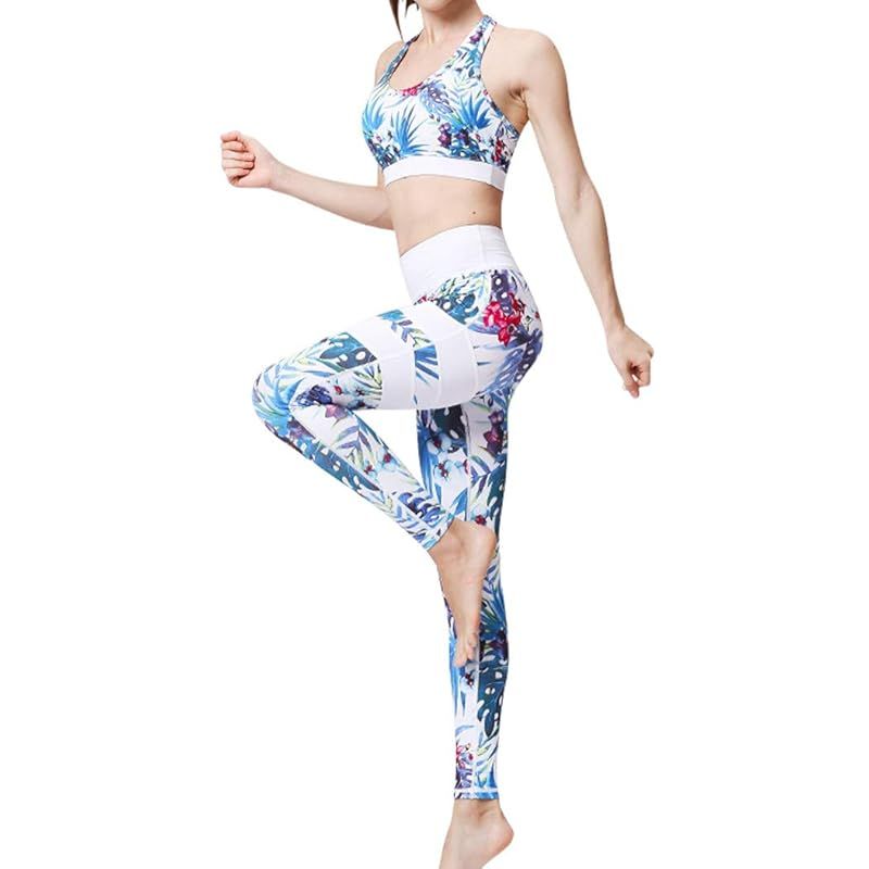 [Teddy] ヨガウェア レディース 上下セット ハイウエスト レギンス スポーツブラ カップ付き スポーツウェア yoga045 (B：ホワイト×ボタニカル， M) 0