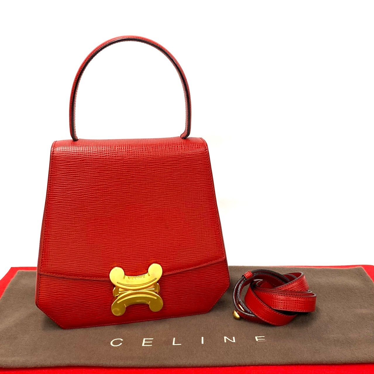 ほぼ未使用 希少品 袋付き CELINE セリーヌ トリオンフ ロゴ 金具 レザー 本革 2way ハンドバッグ ショルダーバッグ レッド 13233  - メルカリ