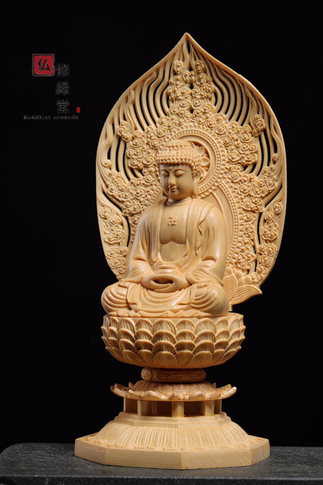 修縁堂】最高級 木彫仏像 釈迦如来座像 釈迦牟尼仏 彫刻 本金 切金 檜材-
