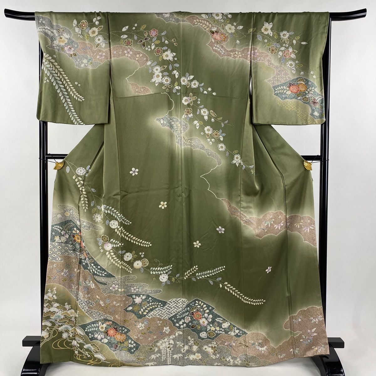 付下げ 身丈167.5cm 裄丈68.5cm L 袷 草花 ヱ霞 金彩 絞り 灰緑 正絹 名品