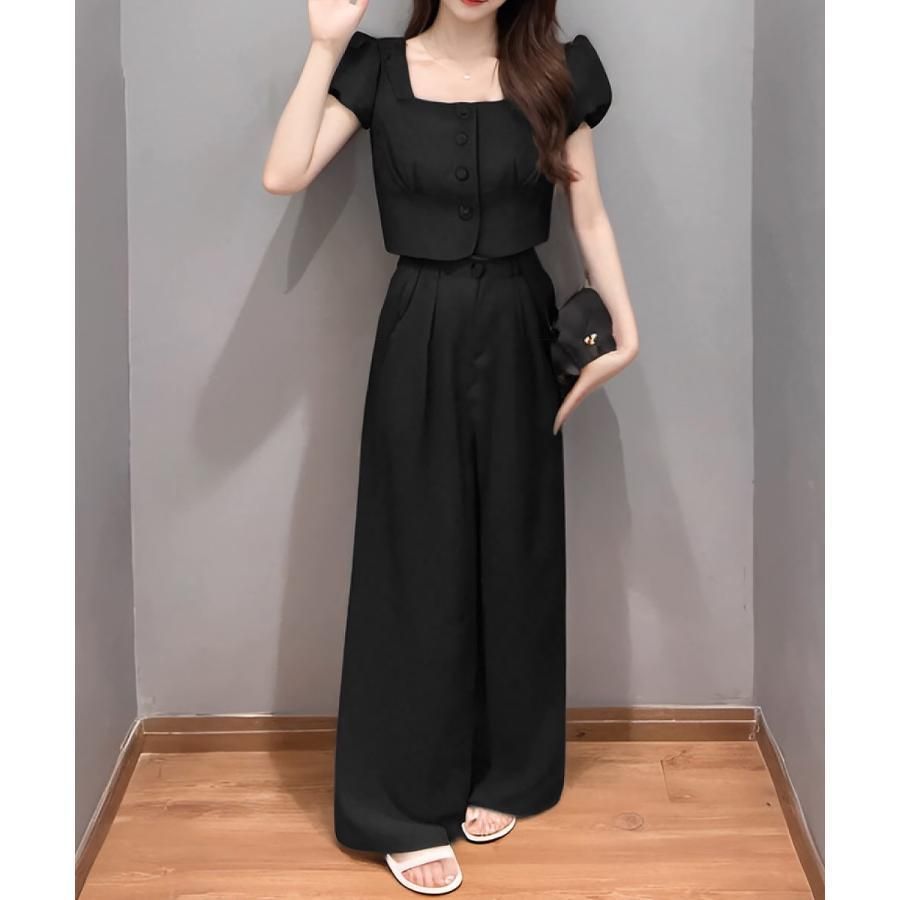 セットアップ春夏半袖トップスワイドパンツ