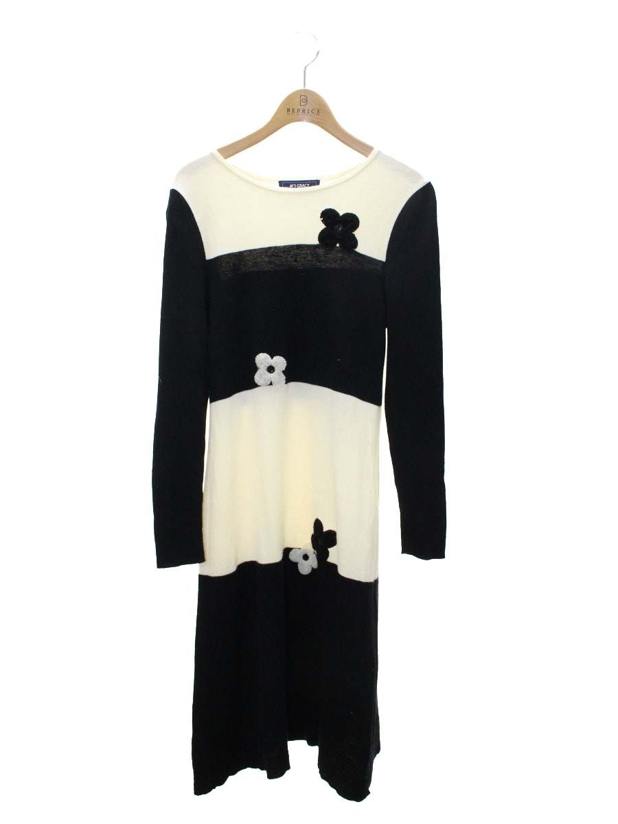 【美品】エムズグレイシー　ワンピース　40 ブラック×ベージュ　フラワー エムズグレイシー 018704 ワンピース 40 ホワイト/ブラック ニット