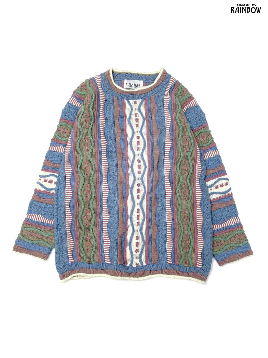 古着 CARLY BLAKE アメリカ製 総柄 長袖 3Ｄ ニット セーター 水色 ttu2508101