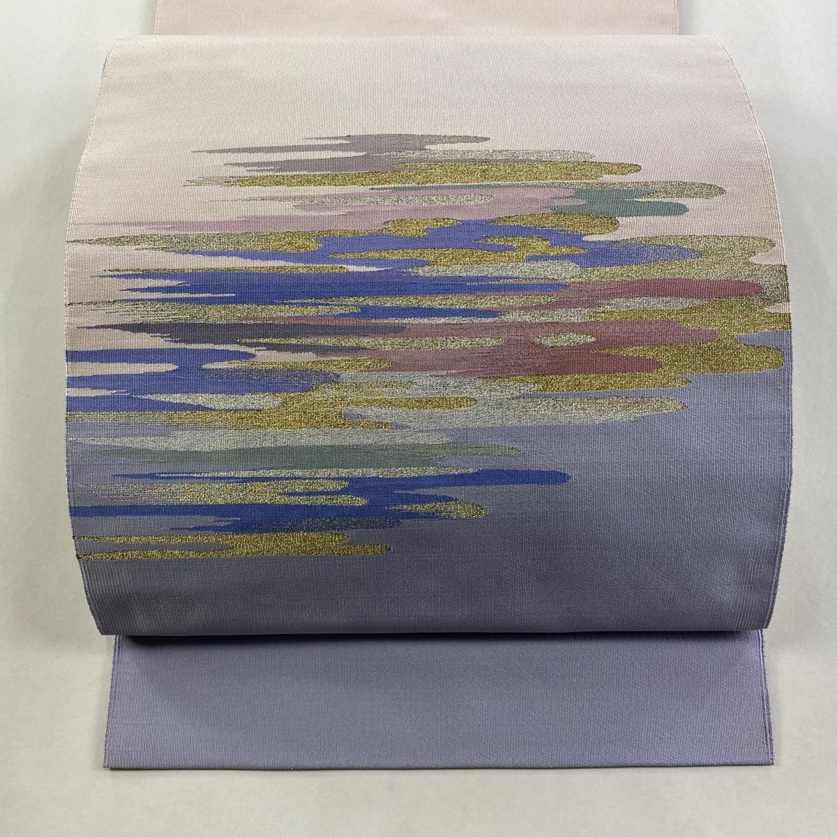 名古屋帯 名品 八寸名古屋帯 松葉仕立て 霞 金銀糸 薄紫 正絹