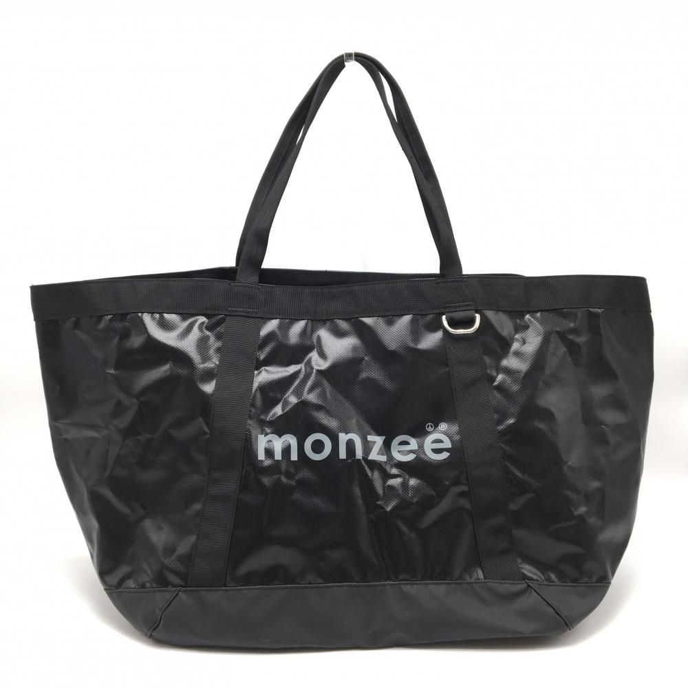 【美品】モンジー ビッグトートバッグ 黒×グレー 内外ポケット付 ロゴプリントゴルフ monzee