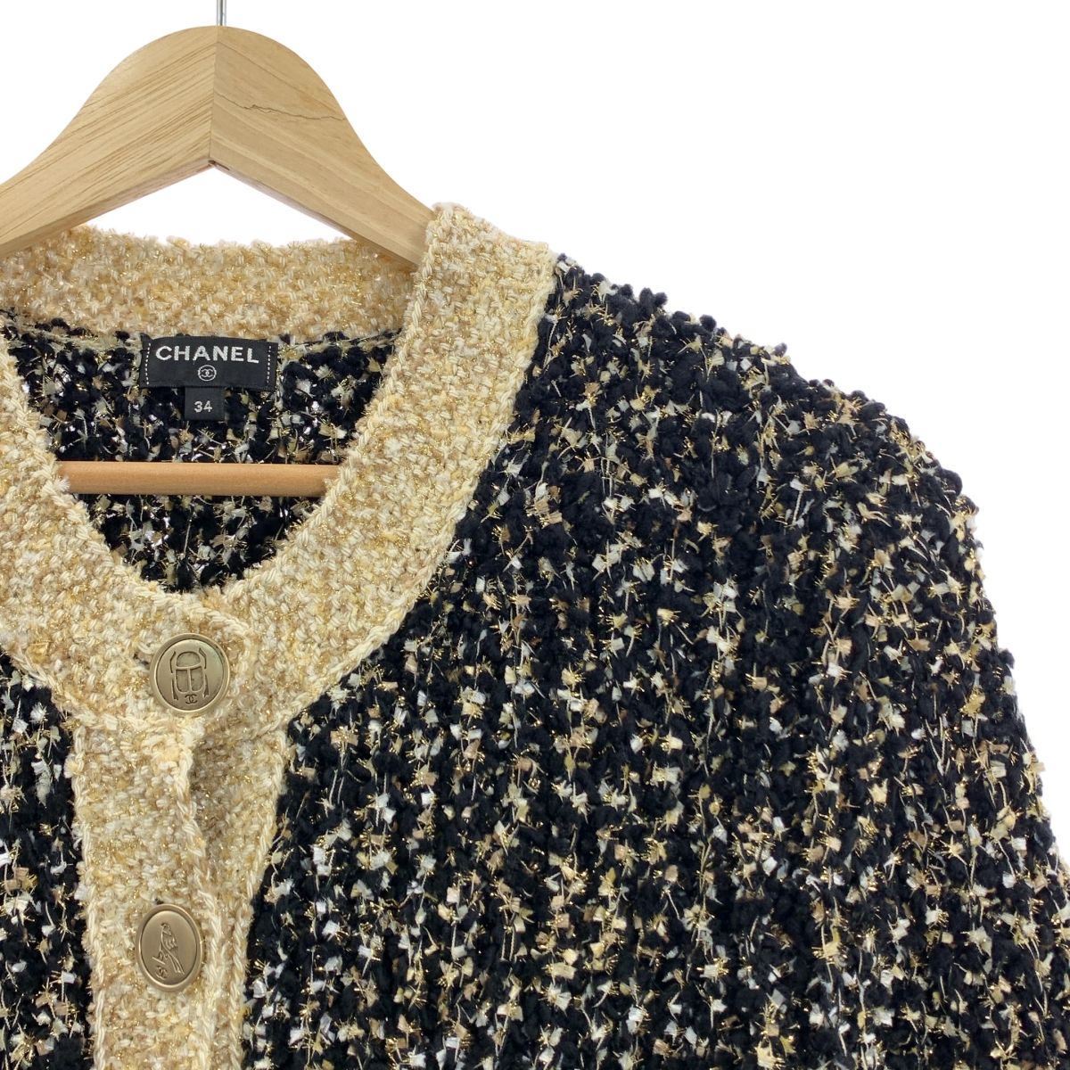 CHANEL シャネル 2019 AW ウール シルク混 ツイード ニット ロング カーディガン 34 ブラック ゴールド ベージュ レディース