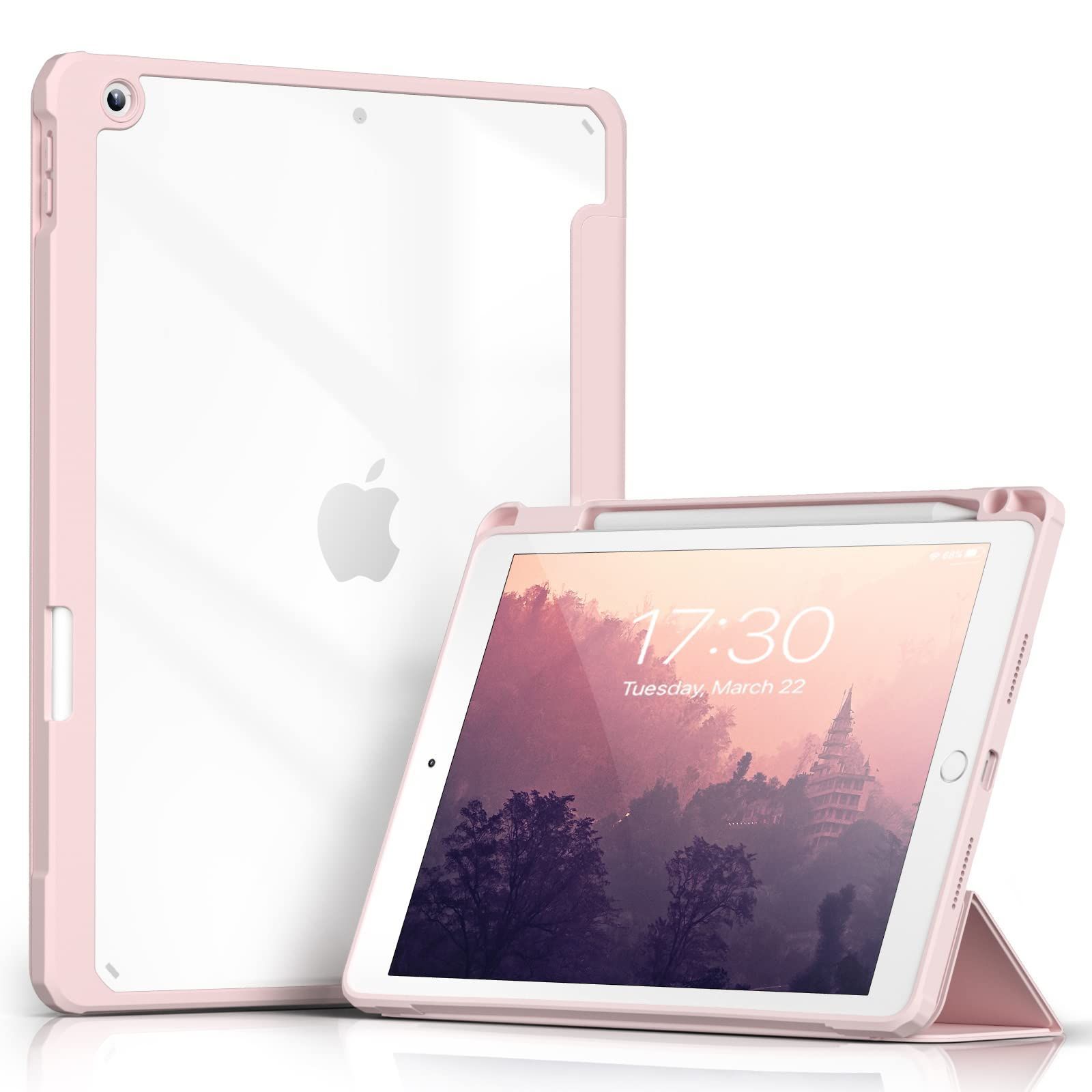 Aoub iPad 9世代 ケース 10.2 インチ iPad ケース 第9/8 /7世代 2021 2020 2019 透明バックカバー ペン収納 三つ折スタンド オートスリープ機能 軽量 薄型 傷つけ防止 PU合成レザー TPU (モデル番号A2602、A