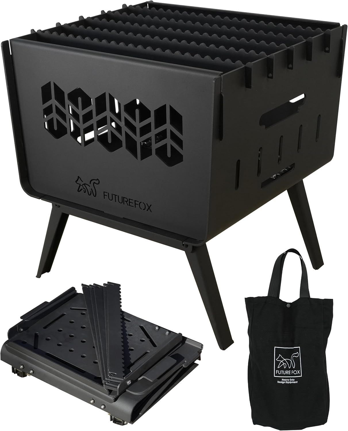 FUTUREFOX 焚き火台 ～KAMADO～ コンパクト 焚火台 折りたたみ式 鉄製 キャンプ BBQ 収納袋付属