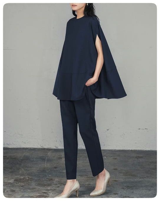 フロリア ポンチョ型ブラウス＆テーパードパンツ パンツセットアップ オケージョン セレモニー 洗える ネイビー 体型カバー 2Ｌサイズ