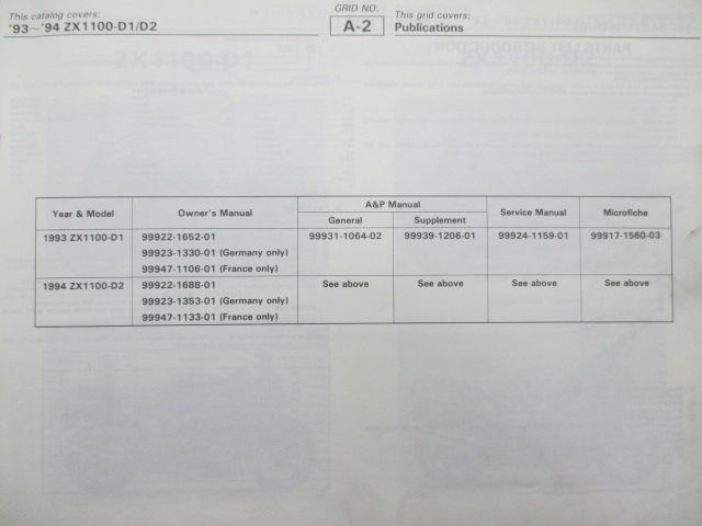 ZZ-R1100 パーツリスト 英語版 カワサキ 正規 中古 バイク 整備書