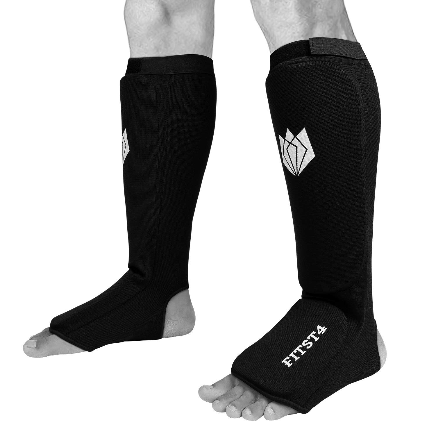 FitsT4 キックボクシング 総合格闘技 ムエタイ 甲パッド入り 伸縮性 トレーニング スパーリング すね当て (1組) S [ブラック] [S]
