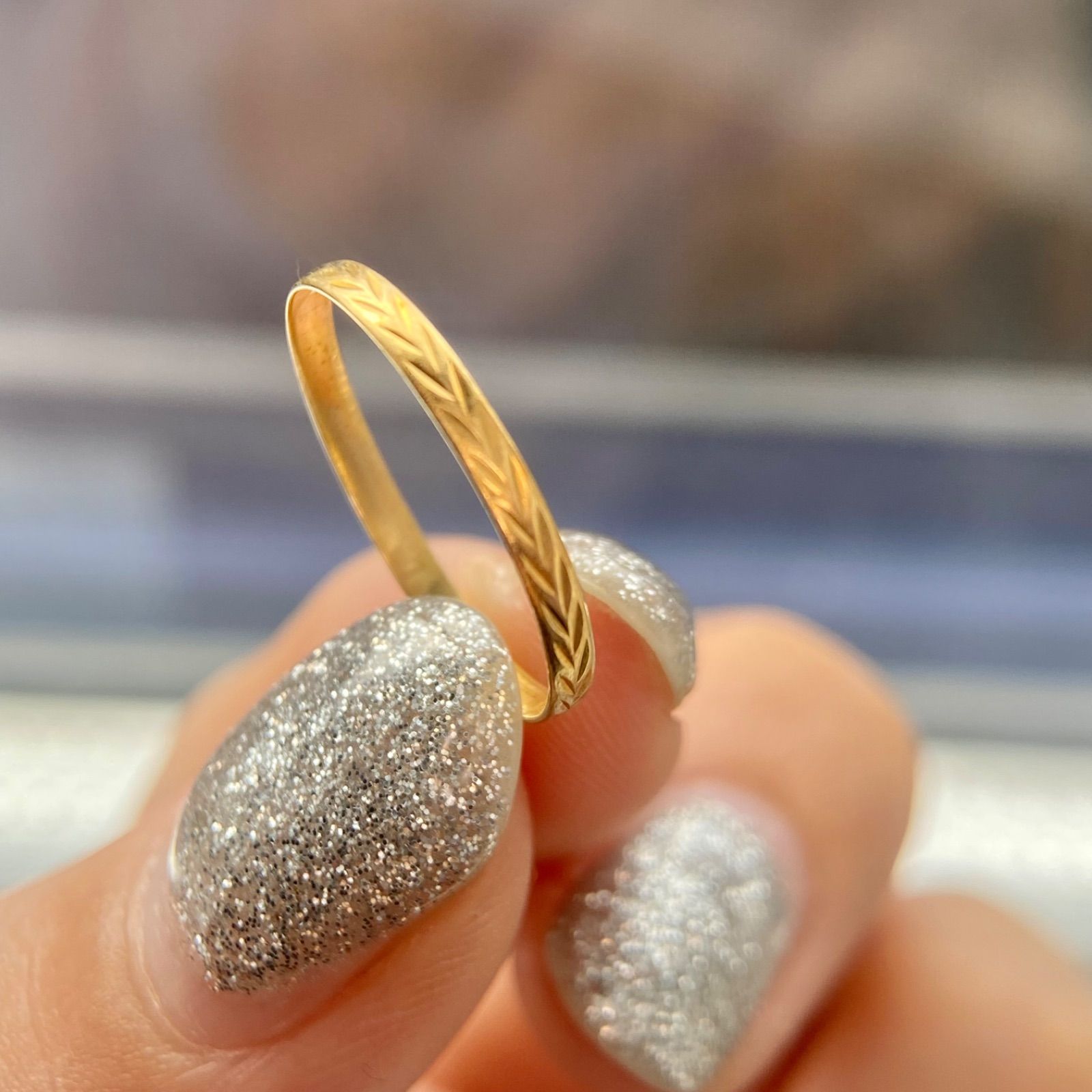 買取店】日本製 K18 ゴールド 月桂樹彫り 平打リング 模様彫り 11号