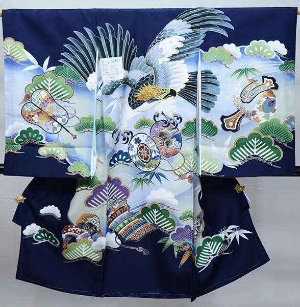 得価，HOT お宮参り産着 のしめ 男児 正絹 羽二重 豪華絢爛 金刺繍 濃紺色 祝着 鷹 一つ身 NO38497 お宮参り用品