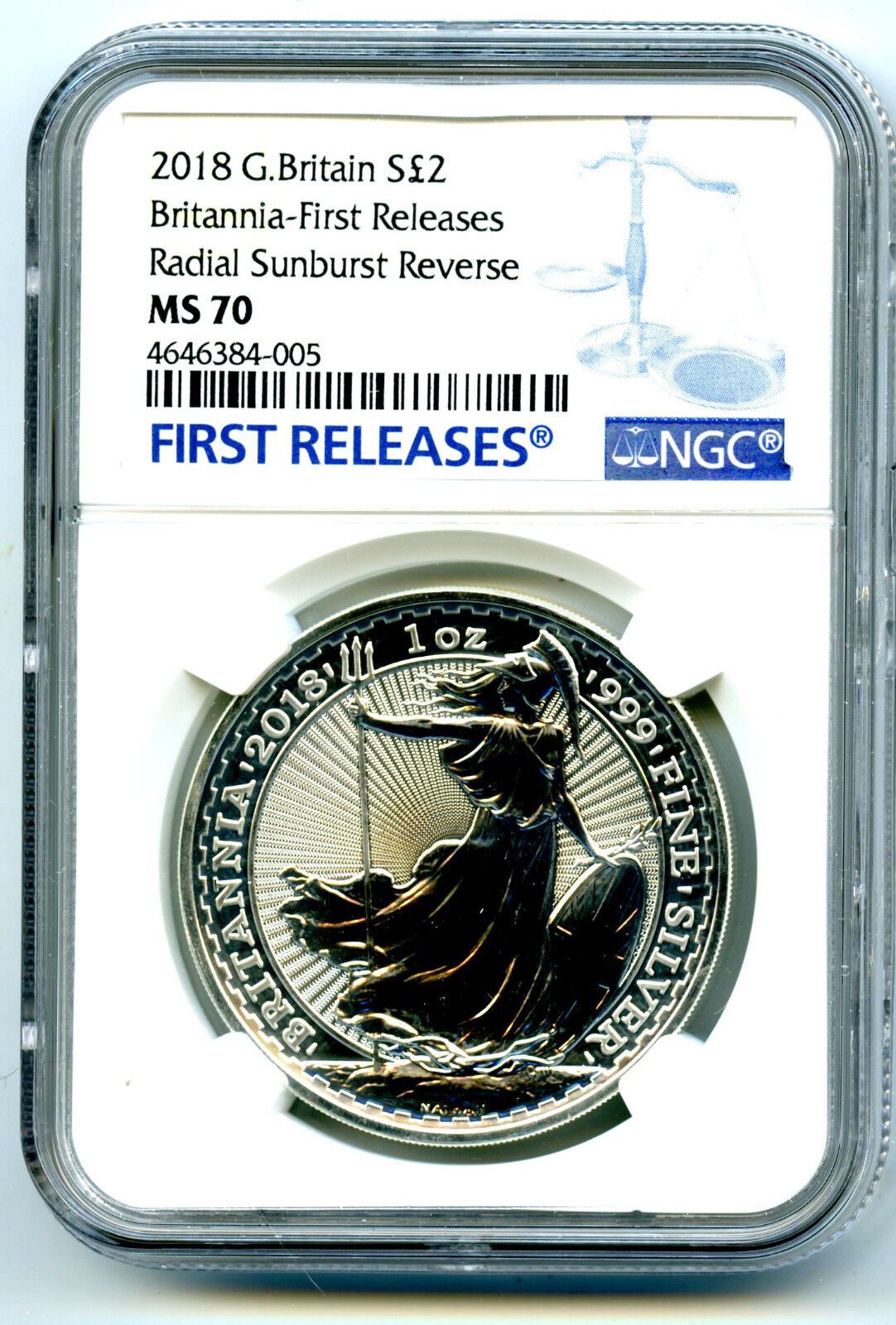 2018 GREAT BRITAIN 1OZ SILVER NGC MS70 BRITANNIA BLUE LABEL FIRST RELEASES