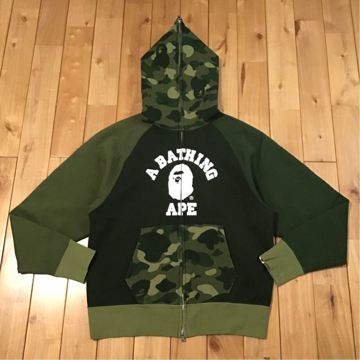 Green camo カレッジロゴ クレイジー パーカー Sサイズ a bathing ape BAPE full zip hoodie エイプ  ベイプ アベイシングエイプ 迷彩