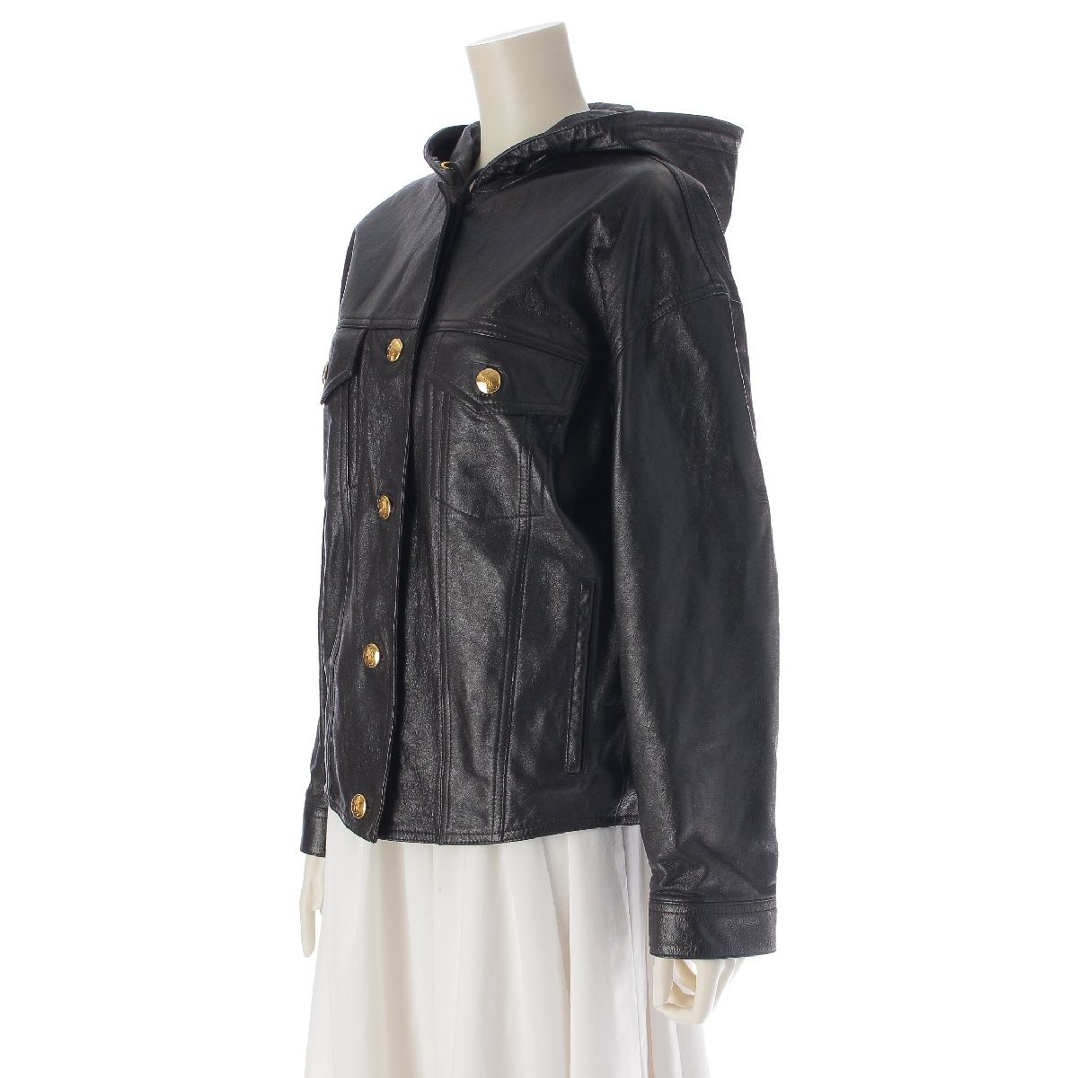 セリーヌ ラムレザー トリオンフボタン 金ボタン フード トラッカー ライダースジャケット 2EC01303P ブラック 34