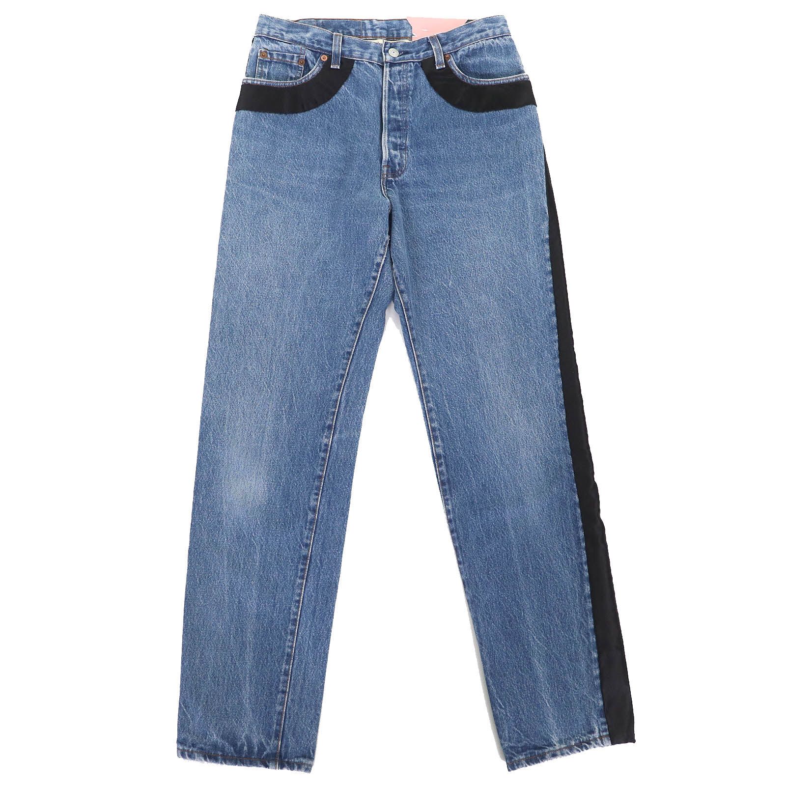 △MIU MIU Levi s ミュウミュウ リーバイス 501 GWP387 パフスリーブ ダッチェスシルク ロゴレザーパッチ デニムパンツ インディゴブルー ブラック ピンク 26 レディース