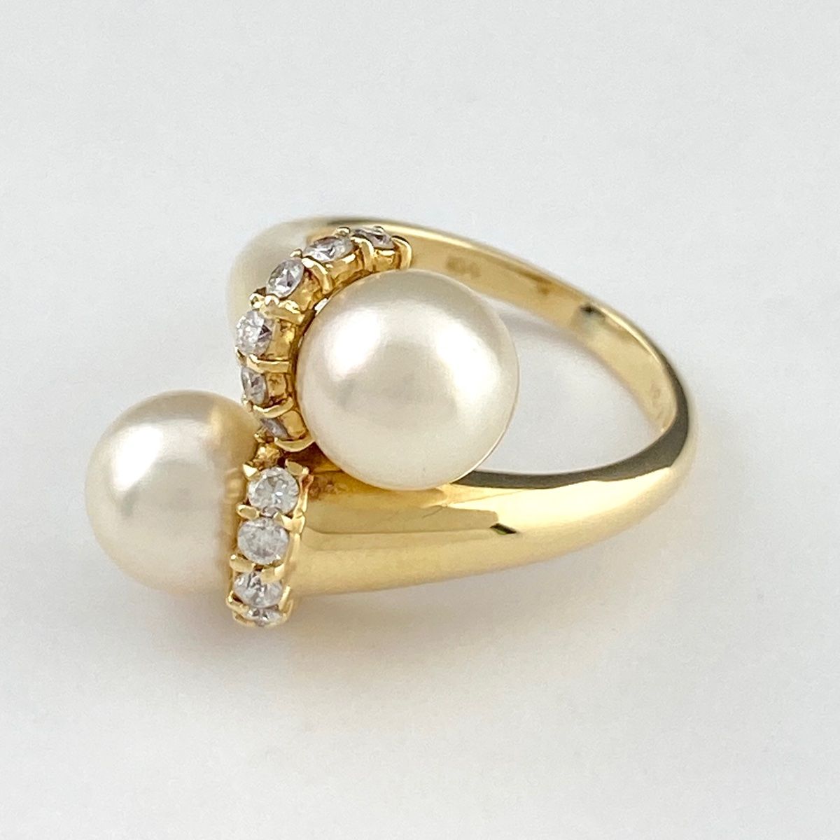 パール デザインリング YG イエローゴールド 指輪 メレダイヤ 真珠 