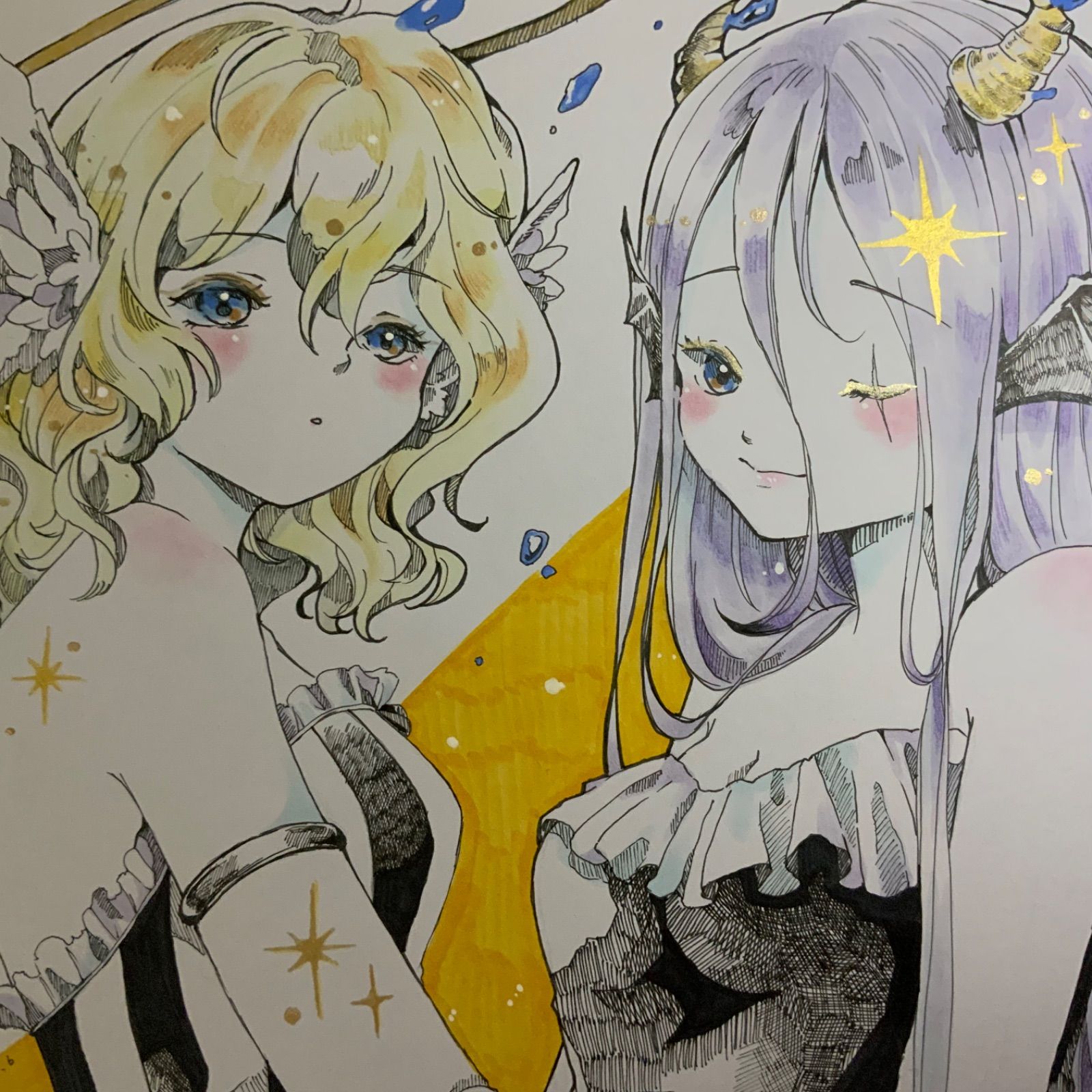 オリジナルイラスト 天使と悪魔ちゃん 色紙大 手描き 原画 女の子