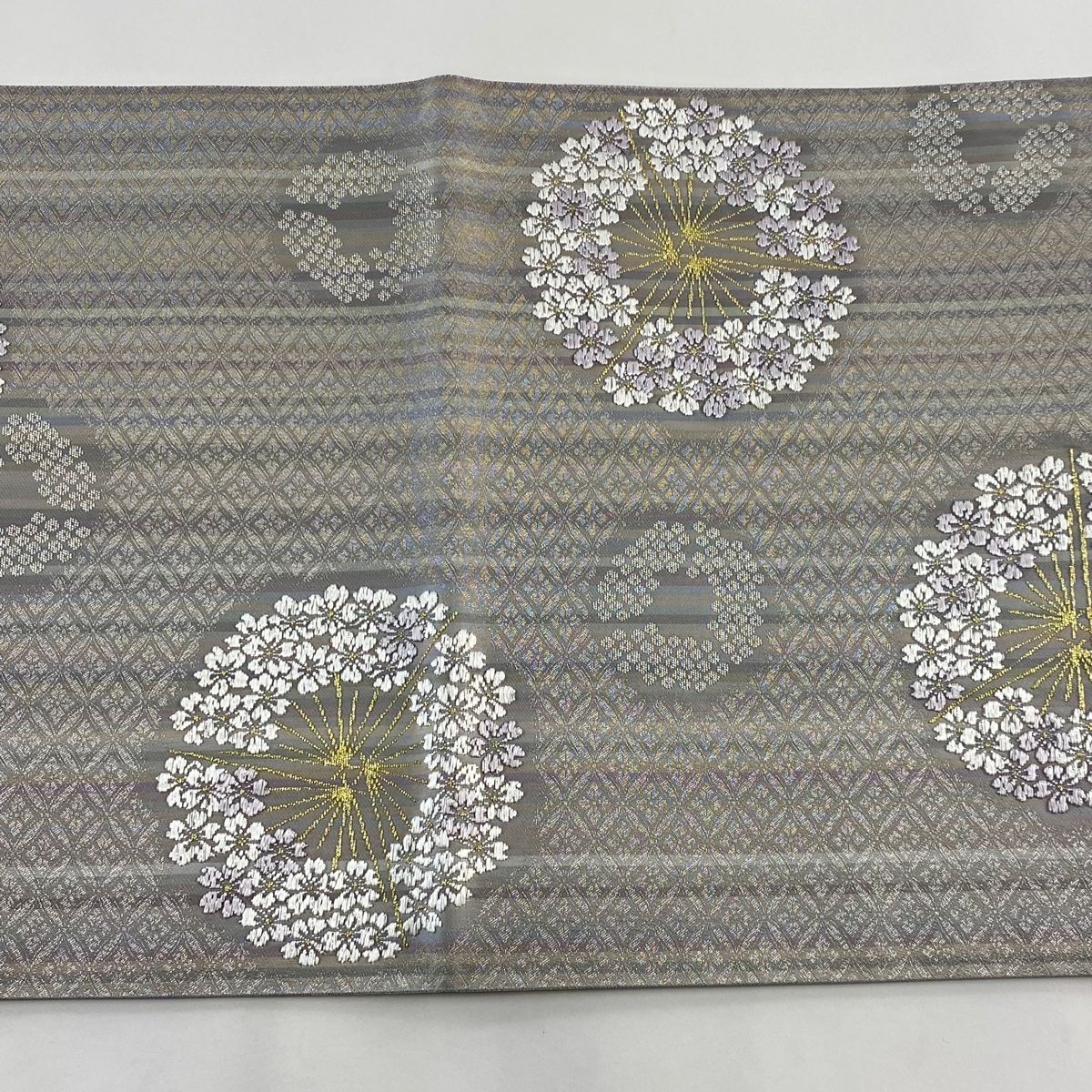 正絹開き名古屋帯、グレー、桜刺繍、金糸銀糸 袋帯 美品 名品 やまと 桜 金銀糸 灰紫 六通 正絹 【中古