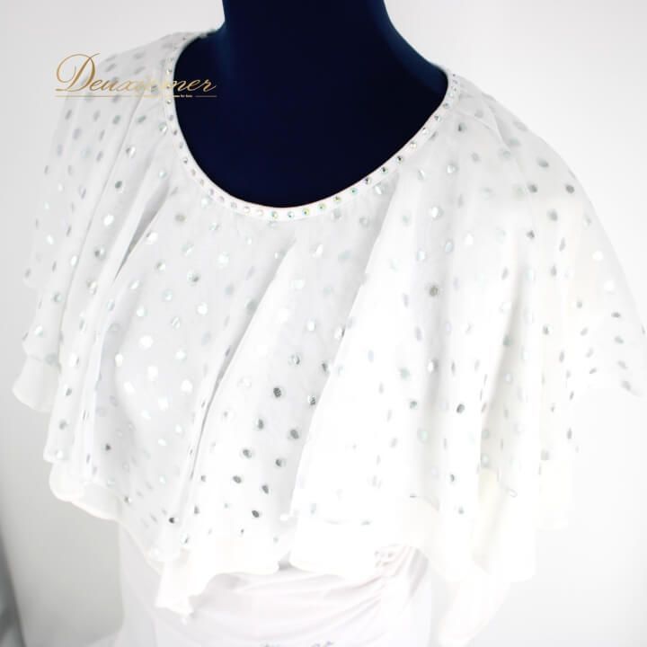 社交ダンス 衣装 スタンダード セットアップ ツーピース レッスンウェア レディース オールシーズン Roger ホワイト系 ドット 水玉 白 長袖 ラインストーン シルバー系 ポリエステル 伸縮性 腰ゴム 女性用 ファッション おしゃれ 別荘 パーティー