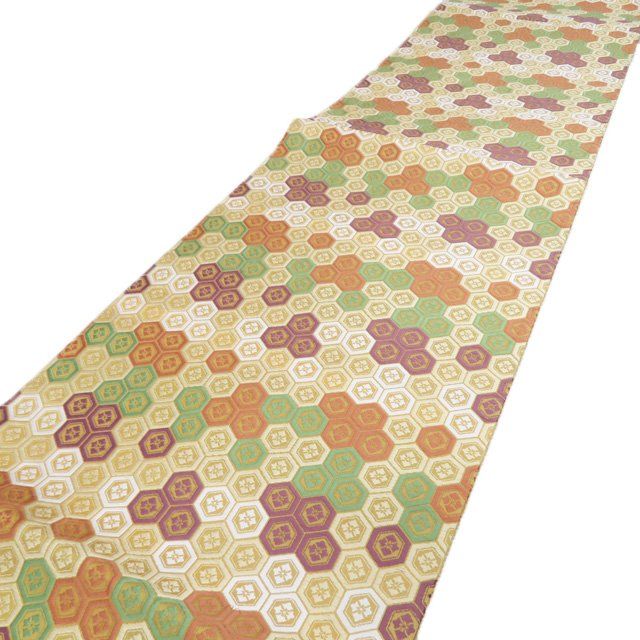 開き名古屋帯 なごや帯 リサイクル 正絹 カジュアル 人間国宝 喜多川平朗 亀甲花菱文 黄系色 多色 きもの北條 A1276-9