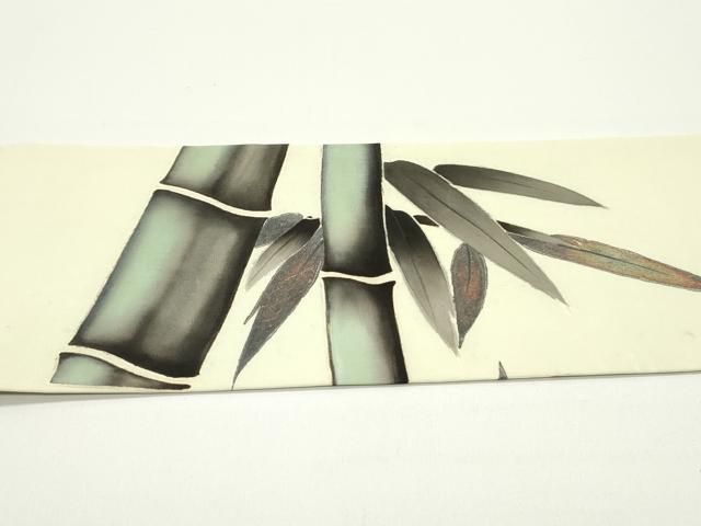 平和屋着物●塩瀬　九寸名古屋帯　手描き　雀　笹竹文　鳥の子色　金彩　正絹　逸品　DAAV9164ob 平和屋着物○塩瀬 九寸名古屋帯 手描き 雀 笹竹文 鳥の子色 金彩 正絹