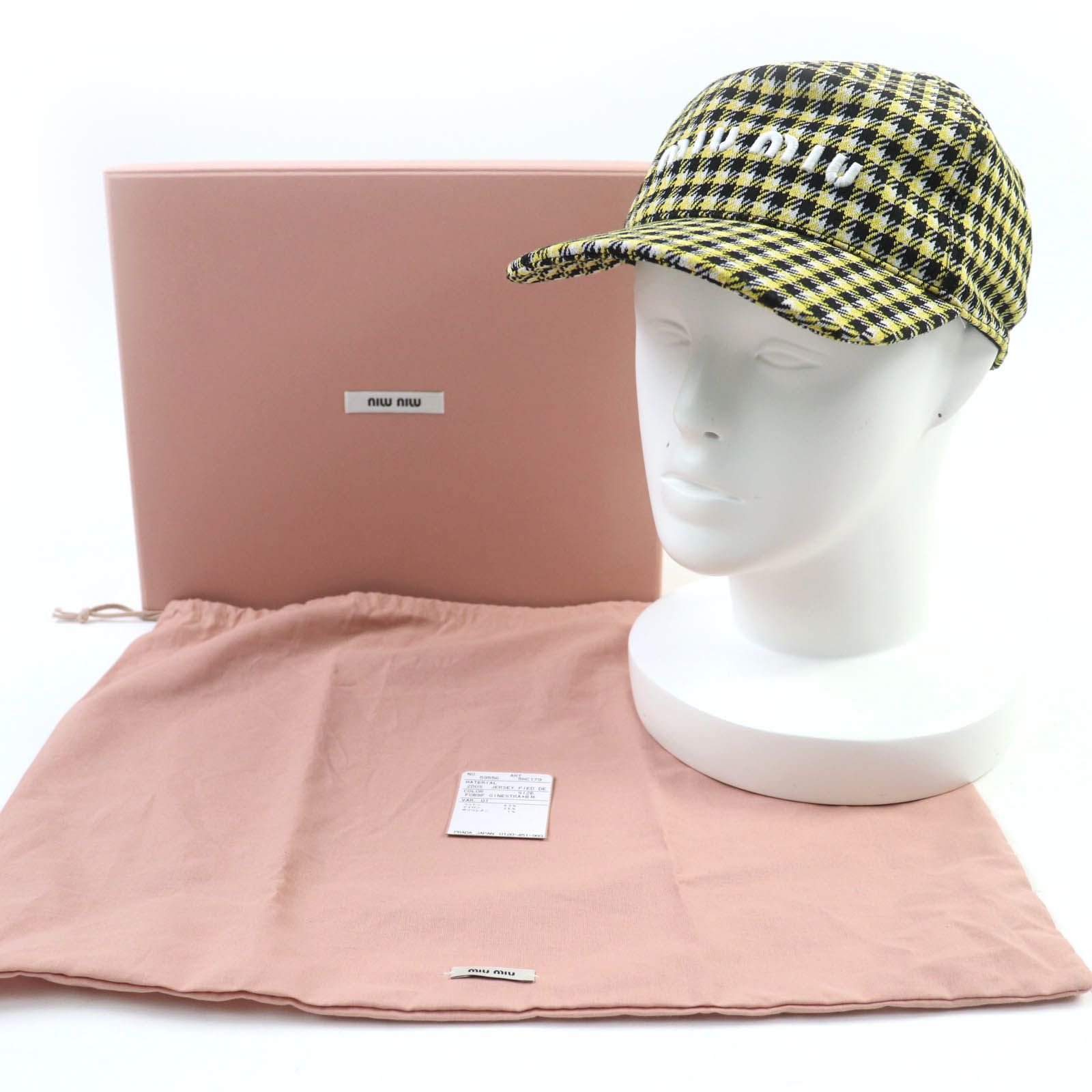 MIUMIU ミュウミュウ 5HC179 ロゴ刺繍入り 千鳥格子柄 キャップ イエロー ホワイト ブラック M 箱 保存袋付き イタリア製 レディース