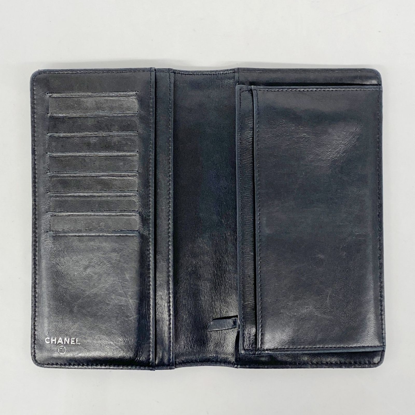 美品　シャネル　カメリア　ラムスキン　長財布　ブラック CHANEL シャネル カメリア エンボス 三つ折り 長財布 ラムスキン