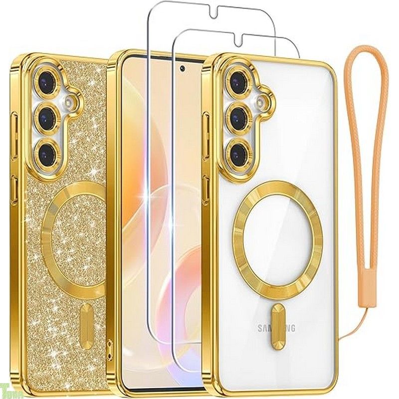 Meifigno ケース Samsung Galaxy S25 6.2インチ用 [MagSafe対応] [スクリーンプロテクター2枚] [グリッターカードu0026リストストラップ] サラウンドレンズ保護 Samsung Galaxy S25 ケース用 ゴールド a