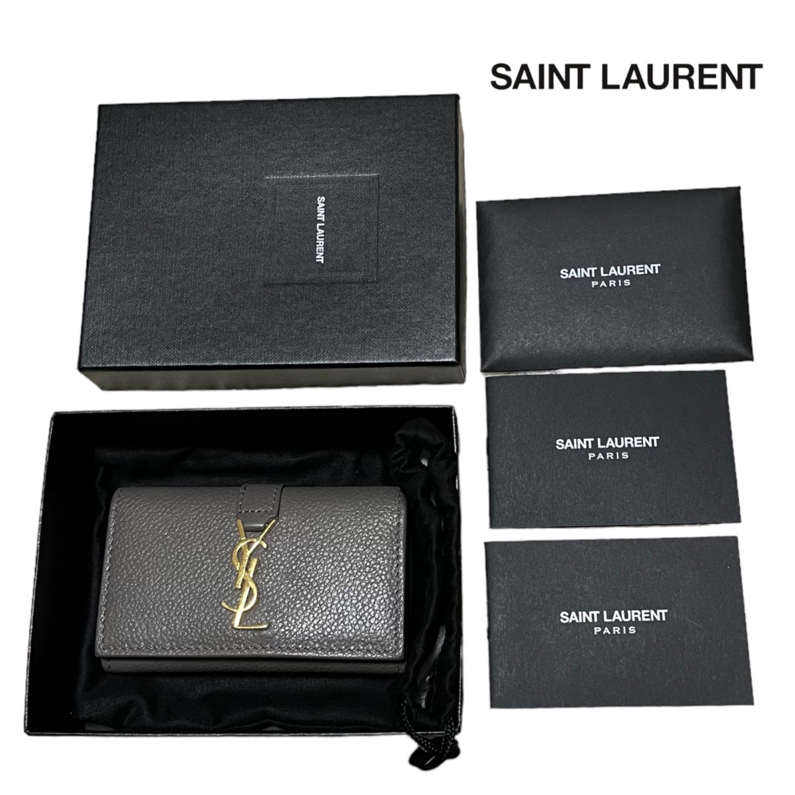 美品 SAINT LAURENT YSLライン 4連キーケース 折りたたみ レザー グレー