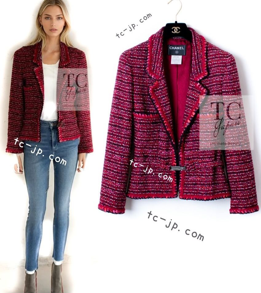 シャネル ジャケット CHANEL 47万 レッド ピンク ウール ツイード  