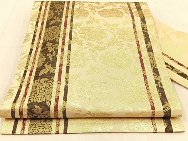 平和屋着物◎九寸名古屋帯 更紗花唐草文 金糸 正絹 逸品 BAAU3155hj