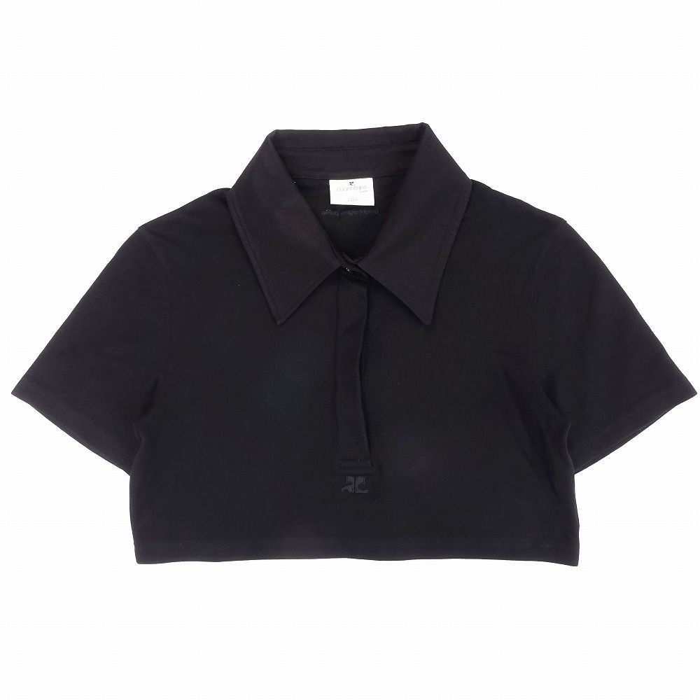 クレージュ Courreges paris ロゴ クロップド ポロシャツ 半袖 ショート丈 鹿の子 トップス XS ブラック レディース 【中古】 /TNT クレージュ Courreges paris ロゴ クロップド ポロシャツ 半袖
