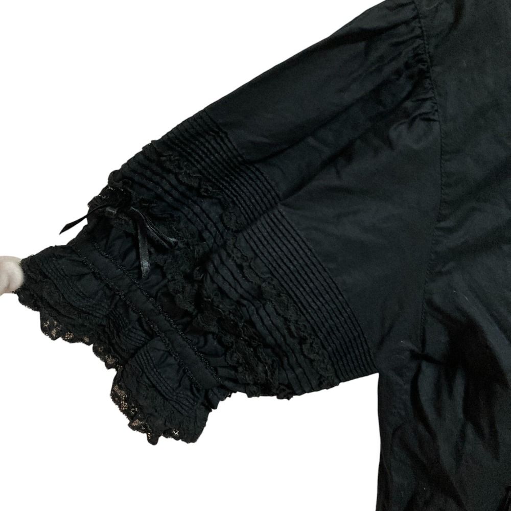  PINK HOUSE ピンクハウス リボン レース ショートスリーブ ラッフルフリル ブラウス シャツ ブラック レディース 古着 半袖 シャツ ブラウス