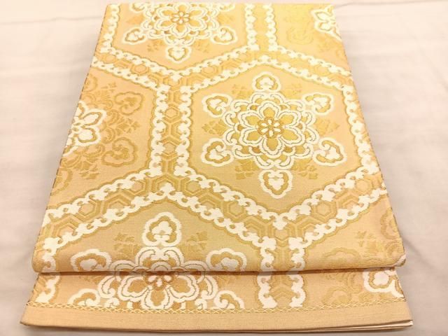 平和屋着物◎六通柄袋帯 唐織 亀甲花文 金糸 正絹 逸品 BAAU7956hv