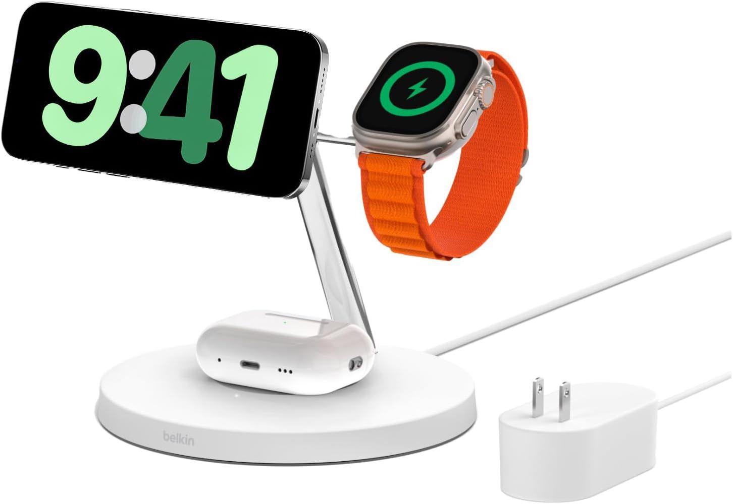 Belkin 3 in 1 MagSafe充電器 最大15W高速充電 ワイヤレス充電器 MagSafe公式認証 iPhone 15 / 14 / 13 / 12 Apple Watch 8/7/Ultra 高速充電対応 AirPodsワイヤレス充電対応