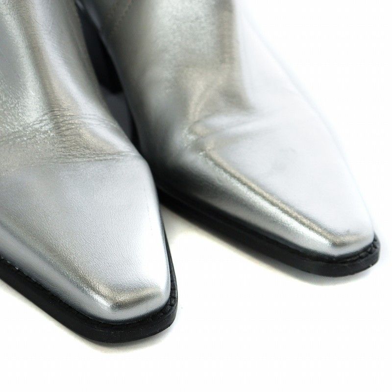 ザラ ZARA METALLIC LEATHER COWBOY ANKLE BOOT メタリックレザー カウボーイ アンクル ブーツ ウエスタン ショート スクエアトゥ チャンキーヒール 36