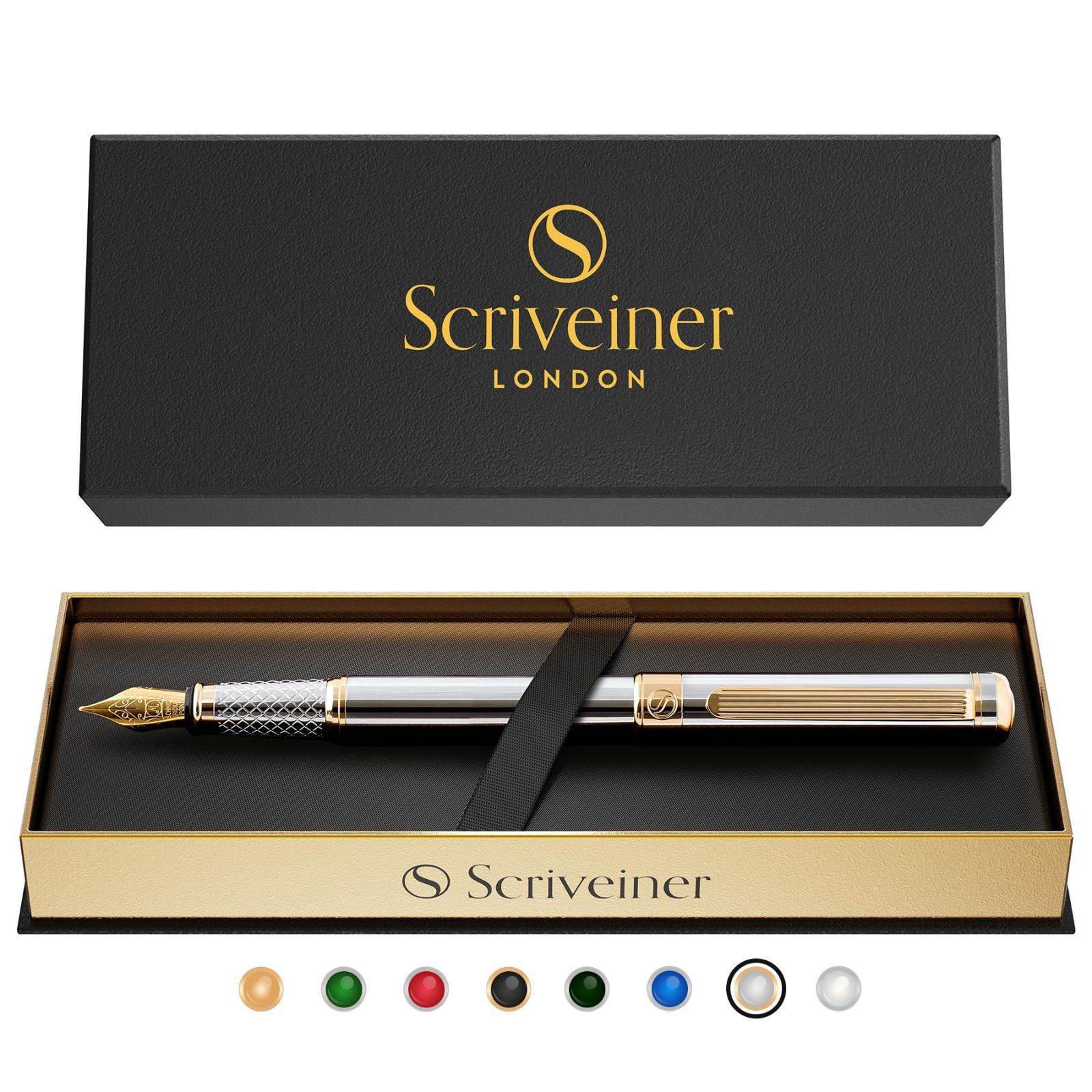 Size 中字_Color シルバーとクローム Silver with Chrome Scriveiner 万年筆 黒 魅力的な美しさ 24K金仕上げ Schmidt 18K金メッキペン先 ミディアム 男性にも女性にも最適 プロフェッ