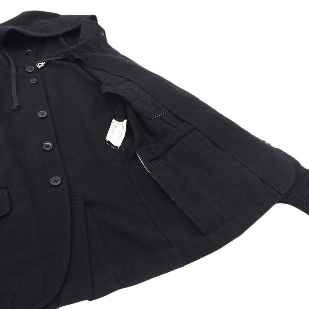 ブラックコムデギャルソン  フード ウールジャケット 背面ギャザー 黒　L ブラック コムデギャルソン BLACK COMME des GARCONS ウール